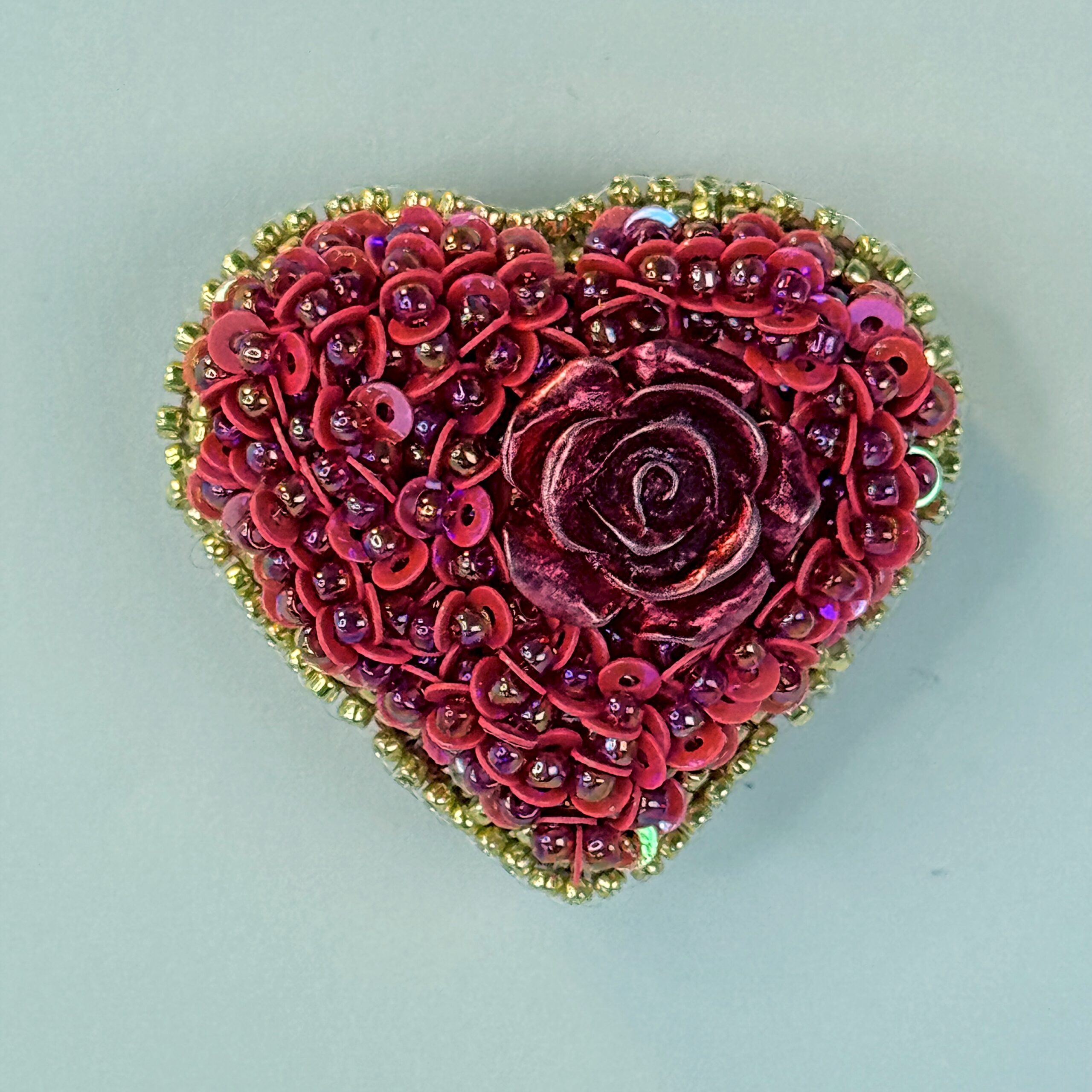 Red Rose Heart Brooch with Sequins, Beaded Heart Pin Rose Cabochon Gold Border, Handmade Valentine Jewelry Love Gift — view 7