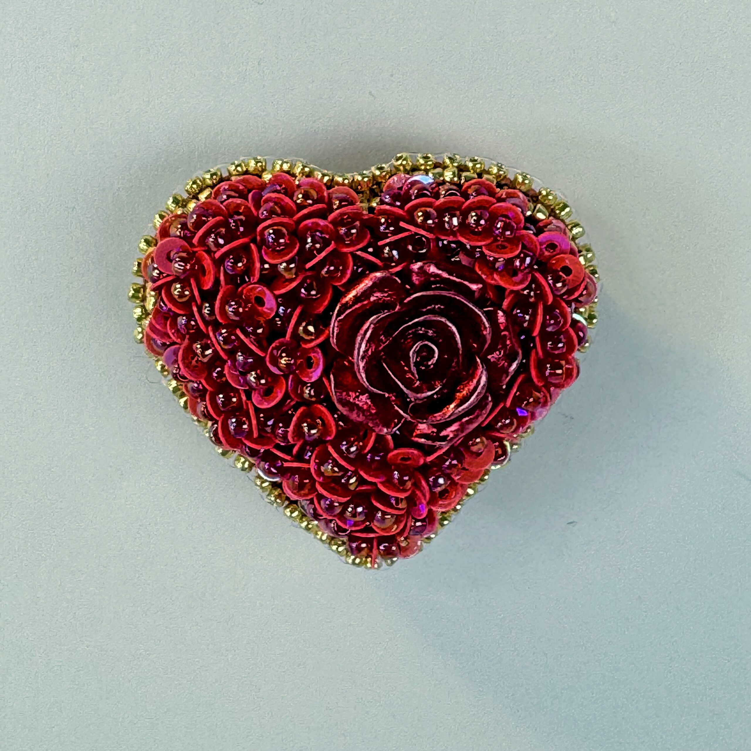 Red Rose Heart Brooch with Sequins, Beaded Heart Pin Rose Cabochon Gold Border, Handmade Valentine Jewelry Love Gift — view 8