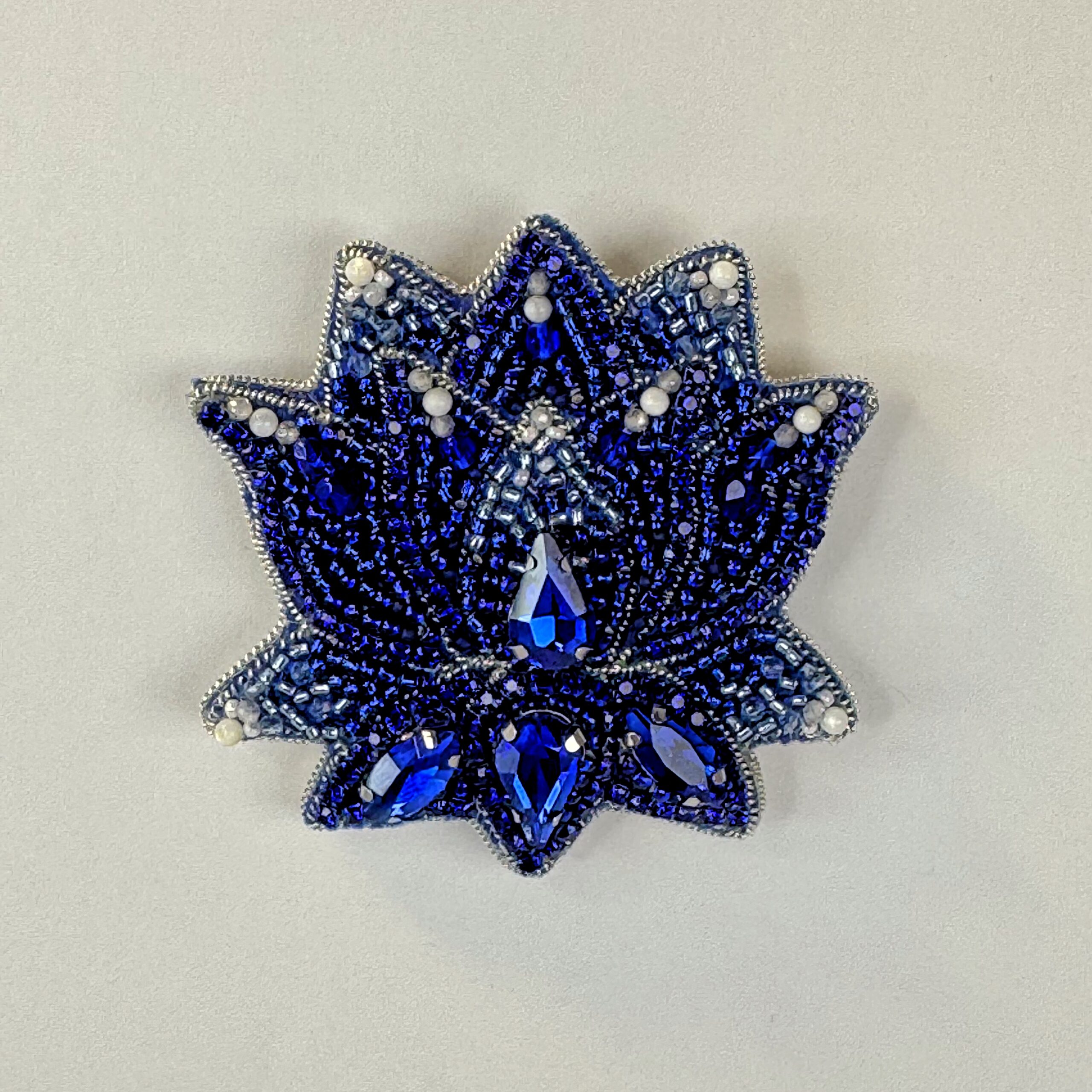 Royal Blue Lotus Flower Brooch Crystal, Mother of Pearl Lotus Pin, Handmade Beaded Flower Jewelry, Elegant Gift — view 10