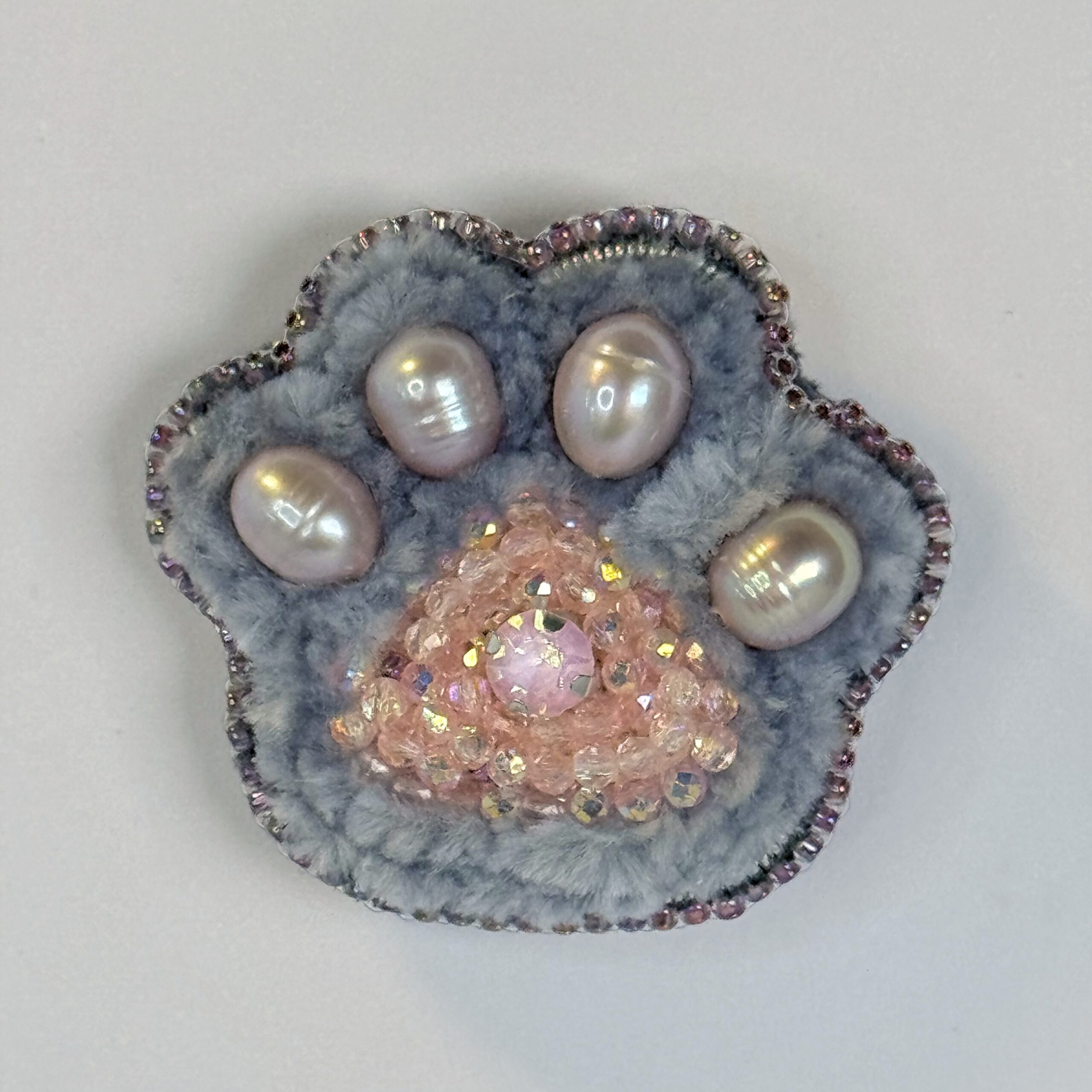 Grey Pink Paw Print Brooch, Pearl Paw Pin Crystal Bead, Handmade Animal Jewelry, Unique Cat Dog Lover Gift — view 10